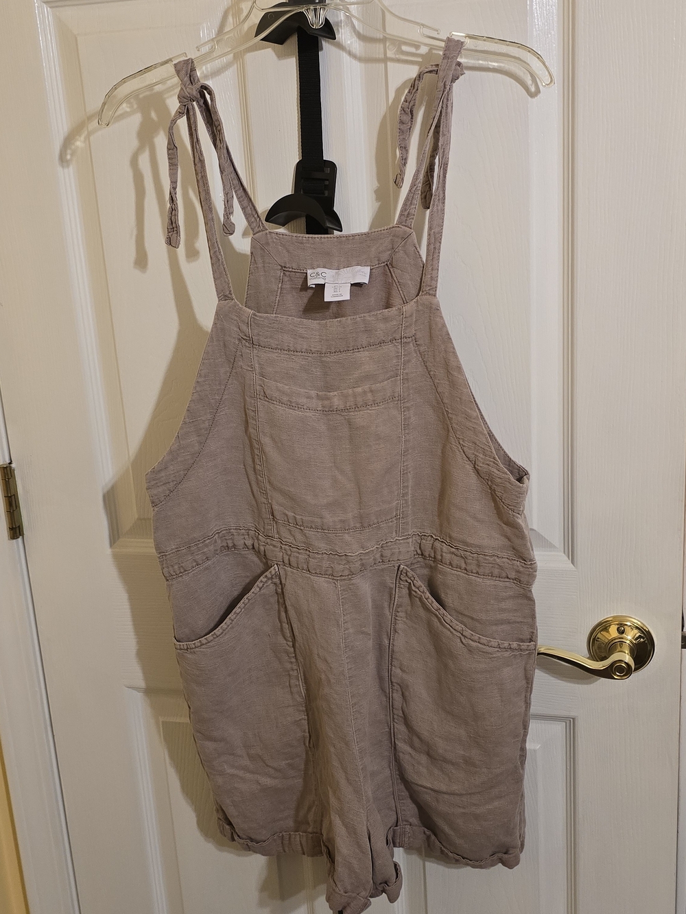 C&C California Taupe Tie-Shoulder Linen-Blend Romper